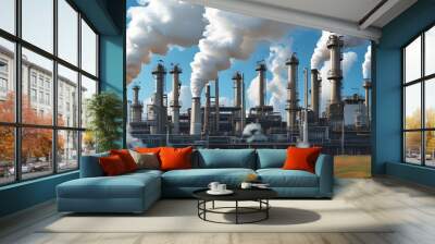 Industrial landscape of an oil refinery releasing carbon emissions into the atmosphere, showcasing the impact of energy production on the environment. Wall mural