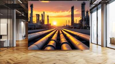 Industrial pipeline leading to an oil refinery with petrochemicals and an oil and gas plant silhouetted against a vibrant sunset backdrop Wall mural