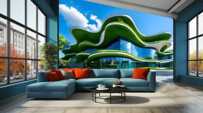 Innovative architecture featuring green living walls and wavy design under a clear blue sky Wall mural