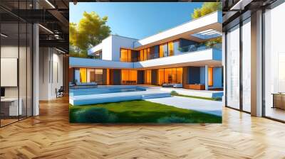 Innovative architecture sketch showcasing a seamless blend of blueprint and 3D rendering against a bright white backdrop in a dynamic perspective view Wall mural