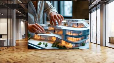 Innovative designer engaging with a holographic architectural model, exploring intricate details of a modern building design Wall mural