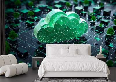 Innovative digital cloud technology featuring a green polygonal cloud shape on a circuit board, symbolizing data storage, computing, and connectivity Wall mural