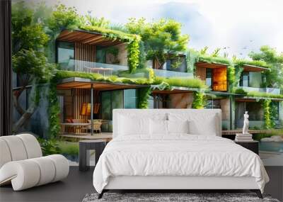 Innovative Eco-Friendly Design: Recycled Materials in Vibrant Watercolor for Sustainable Green Building Wall mural