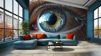 Intense beauty of a close-up human eye with a glowing, intricate iris pattern showcasing the depth of human vision. Wall mural