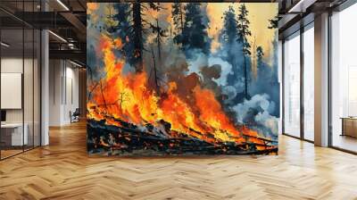 Intense forest fire showcasing raging flames and thick smoke, illustrating the destructive power of nature and the looming threat of wildfires Wall mural