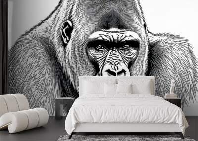 Intense gorilla face sketch with a serious expression and well-groomed fur against a clean white background Wall mural