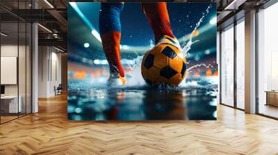 Intense night soccer action with a close-up of a kicked ball splashing water on a wet field, illuminated by vibrant stadium lights Wall mural