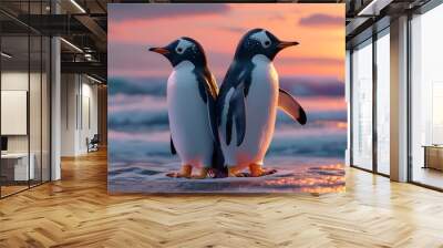 Intimate close-up of a young penguin with flipper raised, bathed in soft evening glow, featuring hyper-realistic 3D graphic design elements Wall mural