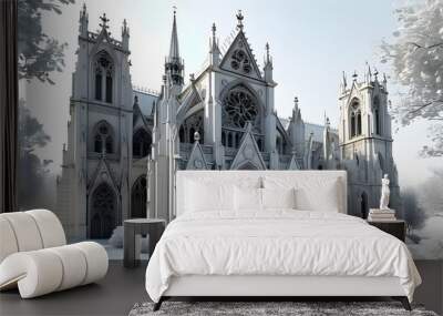 Intricate 3D Rendering of a Gothic Cathedral Against a Pristine White Background Wall mural