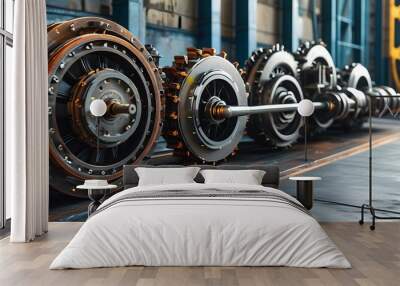 Intricate Engine Mechanism Set Against An Industrial Backdrop Wall mural