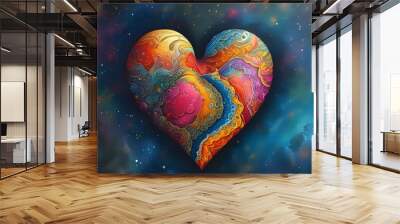 Intricate Heart Art with Vibrant Colors Set Against a Dark Cosmic Background Wall mural