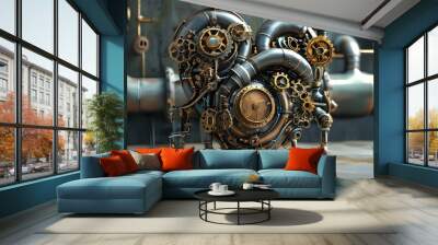 Intricate Steampunk Heart Adorned with Gears and Pipes Wall mural