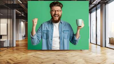 Joyful bearded man radiating positivity in casual attire Wall mural