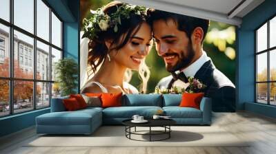 Joyful celebration of love with bride and groom surrounded by beautiful flowers Wall mural