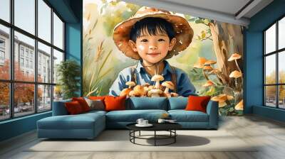 Joyful childhood moments in nature, with a smiling Asian boy and a basket of freshly picked mushrooms in a soft watercolor illustration Wall mural