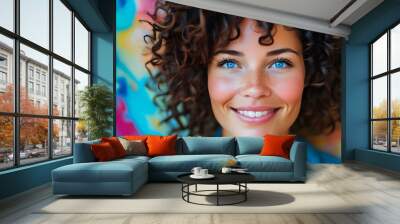 Joyful close-up portrait of a woman with blue eyes and curly hair against a vibrant, abstract backdrop Wall mural