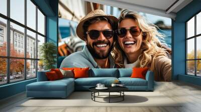 Joyful couple enjoying laughter and smiles on a boat adventure in the ocean Wall mural