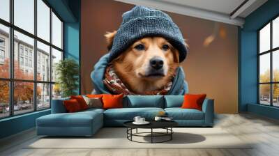 Joyful dog in cozy beanie and scarf, ready for autumn or winter adventures Wall mural