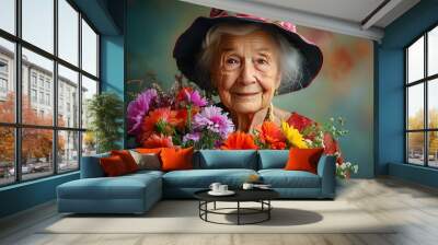 Joyful elderly woman embracing vibrant bouquet, celebrating the beauty of lifes moments in a stunning artistic portrait Wall mural