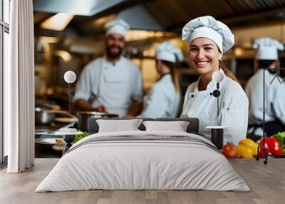 Joyful female chef in a bustling professional kitchen, preparing delicious dishes, surrounded by hardworking colleagues in pristine white uniforms. Wall mural