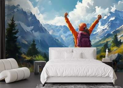 Joyful girl with raised hand celebrating happiness in a stunning mountain landscape during a hiking adventure Wall mural