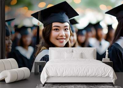 Joyful graduate celebrating achievement in cap and gown with a soft-focus crowd during graduation ceremony Wall mural