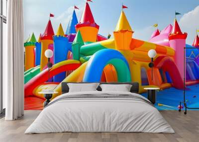 Joyful play area filled with vibrant bouncy castles for endless fun Wall mural