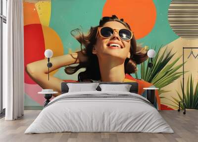 Joyful woman in sunglasses amidst vibrant abstract geometric patterns, embodying summer vacation vibes with a touch of retro aesthetics for modern art prints. Wall mural