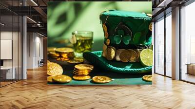 Lively Saint Patricks Day scene featuring leprechaun hat, shimmering gold coins, and fresh lime slices against a vibrant green backdrop Wall mural