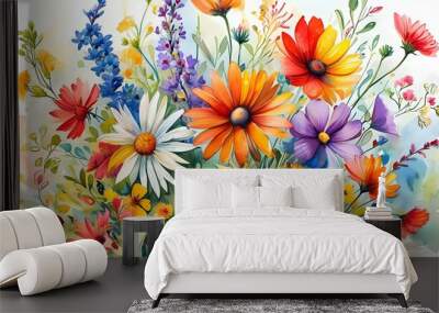 Lively watercolor illustrations of vibrant flower blooms and bouquets with intricate designs and bright colors, capturing the essence of soft, fluid brush strokes Wall mural