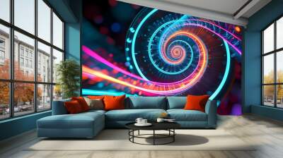 Luminous Cyber Spiral: An Abstract Fractal Journey Through Neon Glows Wall mural