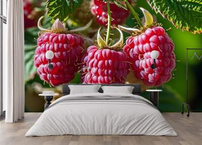 Luscious close-up of fresh raspberries showcasing vibrant colors and natural shadows, ideal for culinary visuals and design inspiration Wall mural