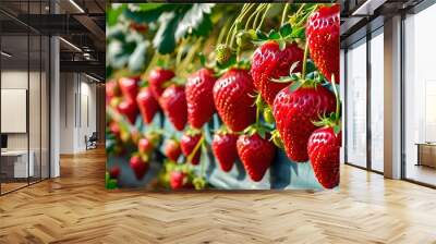 Lush strawberry garden bursting with ripe red fruit adorning the branches Wall mural