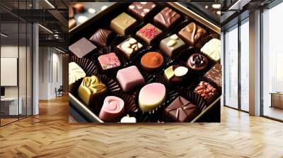 Luxurious box of assorted gourmet chocolates showcasing an enticing variety of toppings and flavors, perfect for indulgent moments. Wall mural