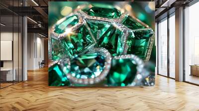 Luxurious close-up of sparkling emeralds showcasing intricate facets and rich green tones, embodying elegance and brilliance in gemstone jewelry Wall mural