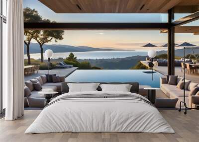 Luxurious contemporary villa in Malibu with floor-to-ceiling windows showcasing breathtaking ocean views and stunning coastal scenery amidst palm trees and vibrant sunsets. Wall mural