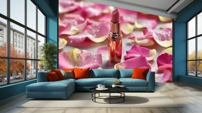 Luxurious pink beauty featuring lipstick and rose petals Wall mural