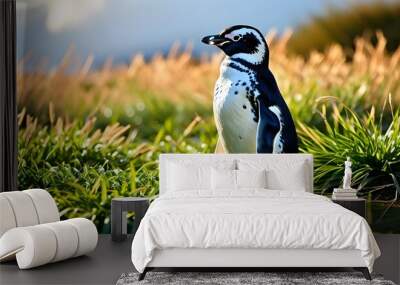 Magellanic penguin basking in the sun amidst lush green grass on a bright afternoon Wall mural