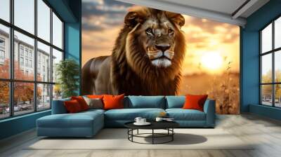 Majestic lion gazes at the camera in a sunlit field, capturing the essence of untamed beauty and natures grandeur Wall mural