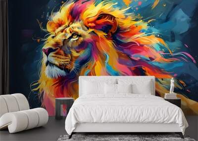 Majestic lion with a vibrant, flowing mane radiating power and creativity in an artistic portrayal Wall mural