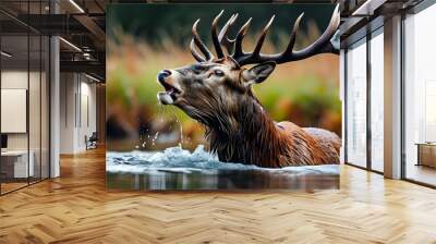 Majestic red deer stag bellowing in serene waters Wall mural