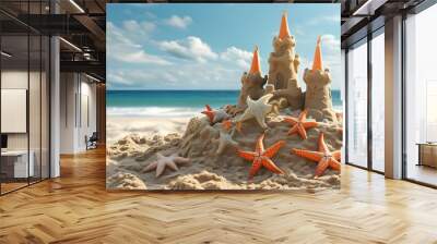 Majestic sand castle adorned with starfish on a sunlit beach, evoking summer vacation vibes and endless coastal adventures Wall mural