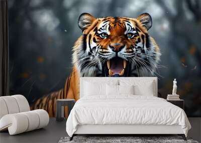 Majestic wild tiger roaring amidst a beautifully blurred natural backdrop Wall mural