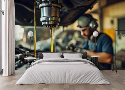 Mechanic pouring motor oil during engine maintenance at an auto repair shop closeup Wall mural