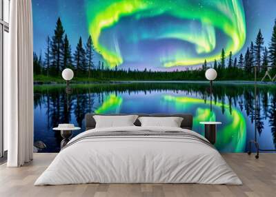 Mesmerizing northern lights dance over a serene forest lake, surrounded by towering pine trees, creating a breathtaking display of vibrant green colors. Wall mural