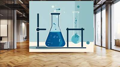 Minimalistic illustration of laboratory flask filled with blue liquid, embodying the essence of science and education for back to school themes. Wall mural