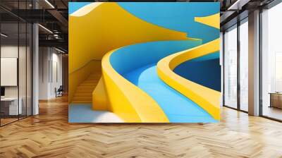 Modern abstract architecture showcasing a curved path in vibrant yellow and blue tones with minimalist design elements. Wall mural