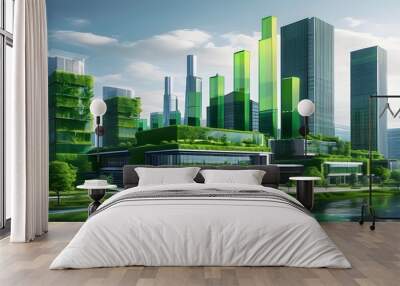 Modern cityscape highlighting energy efficiency with eco-friendly buildings and sustainable practices for a greener future Wall mural