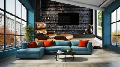 Modern living room with brown leather chairs and an old black brick wall, featuring a park view and stylish contemporary interior design. Wall mural