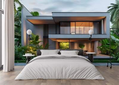 Modern minimalist house design blending tropical elements and sleek architecture for enhanced natural beauty Wall mural